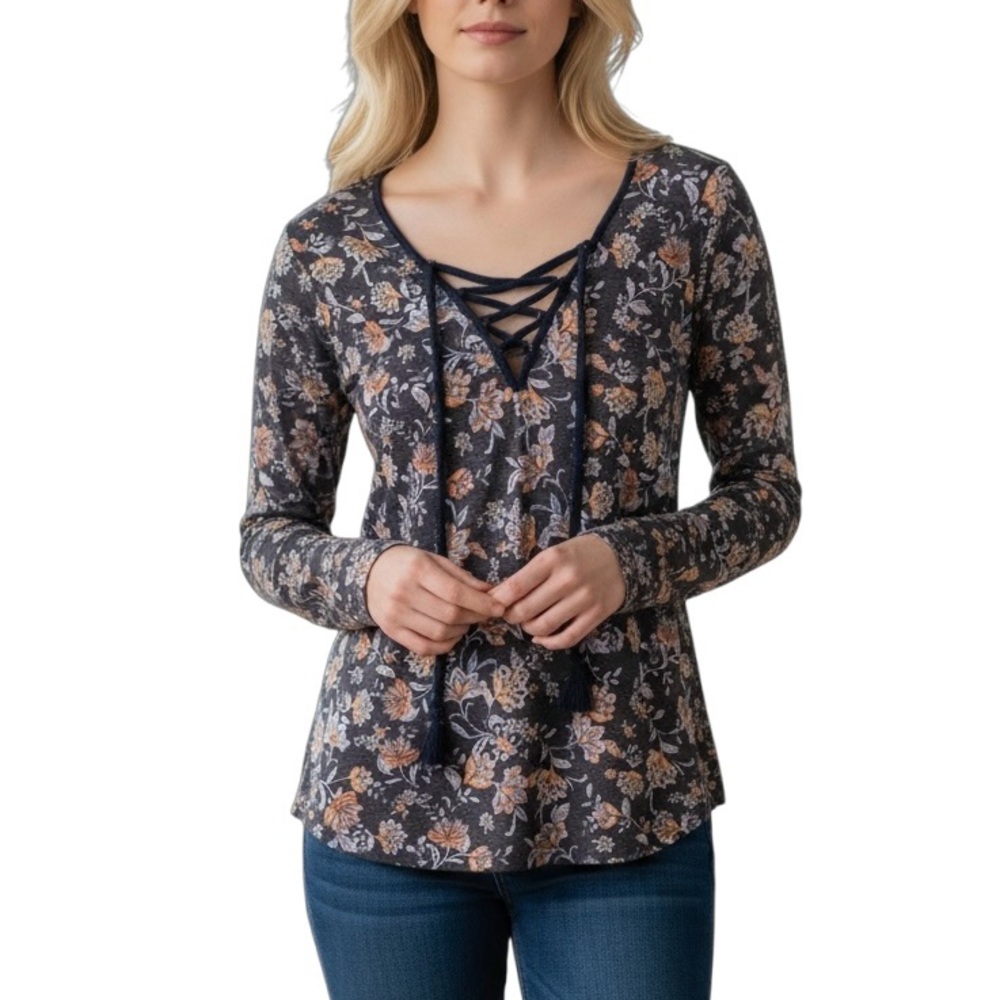 Xhilaration Knit Top Sizes XS SMALL Lace Up Long Sleeve Boho Floral Blue Print